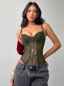 Aloruh 女士性感优雅蕾丝拼布文胸 - 軍綠色 - 查看 7