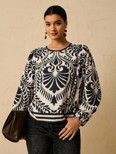 Travachic 大码女式印花宽松七分袖衬衫，休闲秋季图案上衣