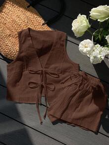 Comfortcana Bộ 2 áo thun không tay buộc dây màu trơn đơn giản dành cho nữ và quần short dây rút - màu nâu - Xem 8