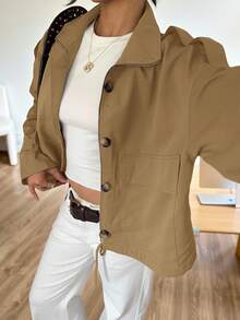SHEIN EZwear Áo khoác trench coat ngắn giản dị, thời trang rộng rãi, đa năng, có khóa kéo, màu nâu, quần áo thu đông dành cho nữ - Màu Khaki - Xem 4