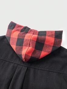 Teen Boy Fashion Casual Y2k Vintage Cool Street Red And Black Checkered Christmas Elements Hooded And Patchwork Design Featuring Streetwear Mix Of Pockets And Black Denim Loose Long-Sleeved Denim Jacket For Teen Boy Clothes Teen Boy Dailywear And Teen Boy Winter And Fall Rave Outfits Festival And Outfits Streetwear Clothes Teen Boys Collard Jackets - Black - View 4