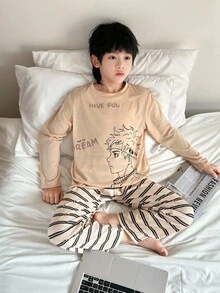 SHEIN 2pcs Tween Boy Casual Cartoon Graphic Round Neck Long Sleeve T-Shirt And Striped Loose Fit Straight Leg Pajama Pants Sleepwear Set - Khaki - View 6