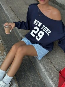 Jouncy 女士时尚字母印花斜肩口袋运动衫，秋季 - 藏蓝色 - 查看 2