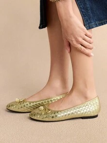 Rosivie Giày bệt mũi tròn thường ngày có nơ trang trí cho nữ - Vàng - Xem 5