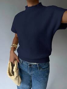 Aloruh Women's Casual Solid Color Stand Collar Short Sleeve Sweater, Autumn - Navy Blue - View 4