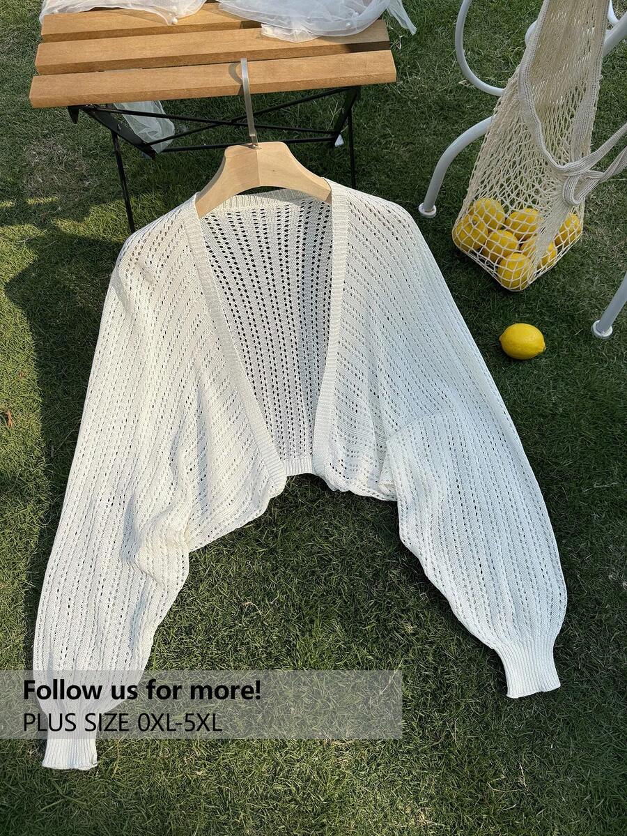 SHEIN Privé Áo len cardigan tay phồng màu trơn đơn giản cho kỳ nghỉ cỡ lớn - Màu be - Xem 1