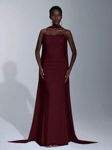 Elitara Elegant Luxurious Light Blue Elastic Mesh Boat Neck Full Ruffle Sequin Bridesmaid Dress - Burgundy - View 5