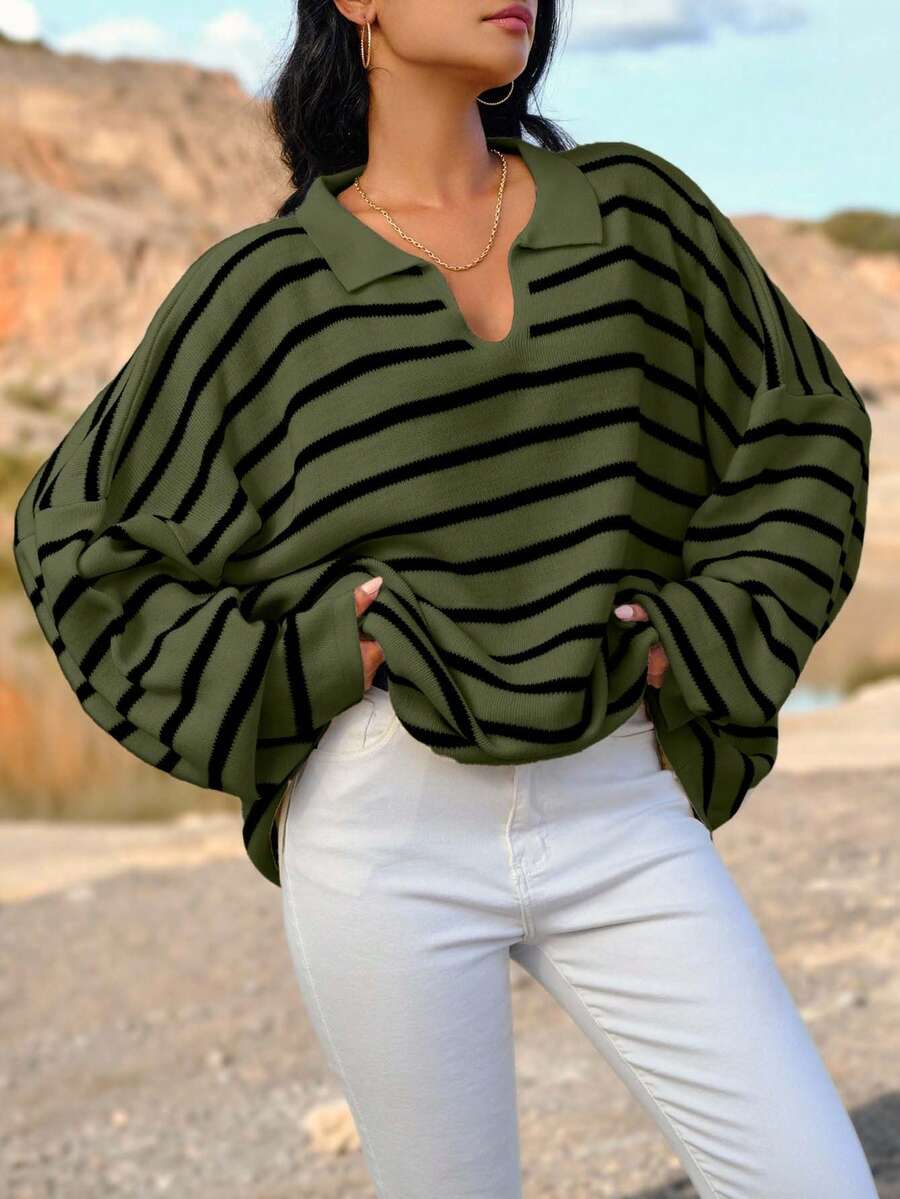 EURMUSE Plus Size Casual Loose Striped Pullover Sweater With Half-Zip - Green - View 1