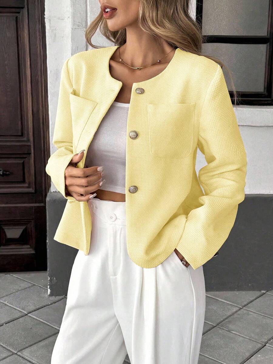 Pariaura 优雅法式编织圆领长袖常规版型女士绿色夹克，夏季新品 - 淡黃色 - 查看 1