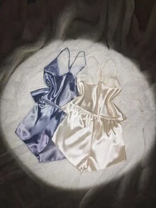 SilkySpell Conjunto de pijama feminino sexy com decote em V profundo, 2 peças, top e shorts, várias peças, adequado para agasalhos, todas as estações - Multicolorido - Ver 2