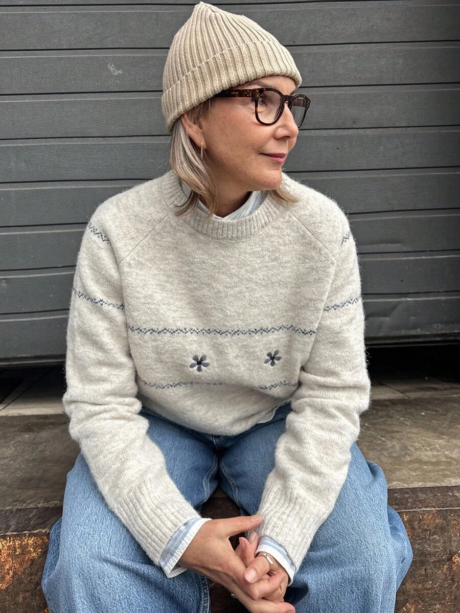 Livesso Women's Loose Fit Multicolor Floral Embroidered Sweater