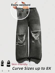 SHEIN CURVE+ 加大码蓝色休闲直筒破洞牛仔裤，曲线加大，波西米亚度假风 - 淺灰色 - 查看 1