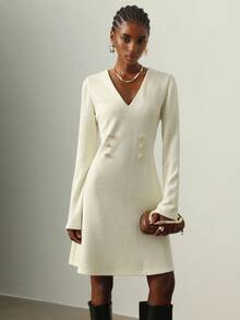 Lyxana Metal Buckle Decor Textured Fabric V-Neck Long Sleeve Cinched Waist A-Line Dress For Women - Apricot - View 5