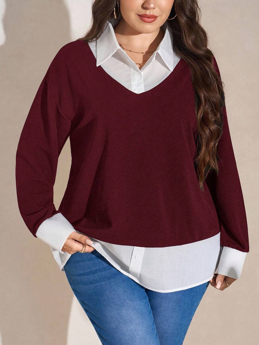 SHEIN LUNE Plus Size Women's Red & White Contrast Collar 2 In 1 Top, Thanksgiving New Years Winter Rave Burgundy Casual Top - Burgundy - View 1