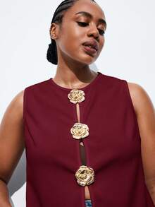 Maija 大码女式无袖上衣，玫瑰金属纽扣装饰设计，圣帕特里克节女装，复活节夏季派对上衣，海滩夏季假期外出毕业季 - 酒紅色 - 查看 6