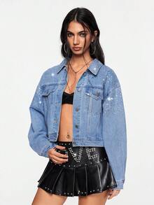 ROMWE Women's Casual Fashion Rhinestone Embellished Drop Shoulder Loose Cropped Denim Jacket, Spring/Autumn - Blue - View 4
