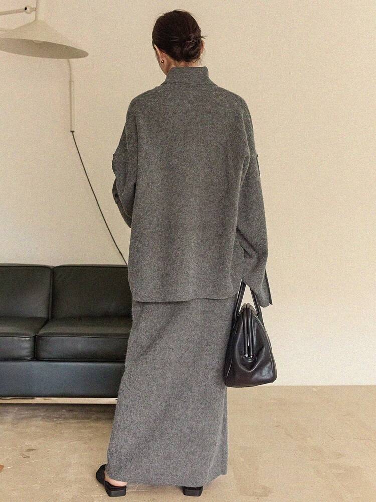 Women's Fashion Loose Turtleneck Sweater & Skirt 2 Pieces Set Business Casual Woman