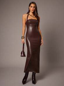 Silquee Vestido ajustado y sexy sin mangas con cuello halter y espalda descubierta, versátil - Marrón - Ver 4