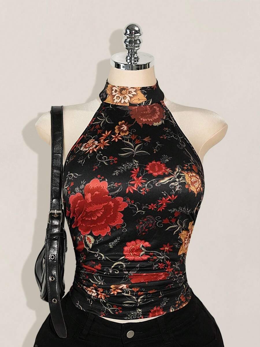 SHEIN ICON Áo hở lưng in hoa gợi cảm cổ yếm phong cách miền Tây Boho Y2K mùa hè dành cho nữ, mùa hè