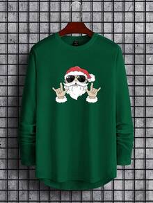 Manfinity Homme 男士圣诞老人图案印花长袖休闲T恤，秋季，圣诞节 - 墨綠色 - 查看 4