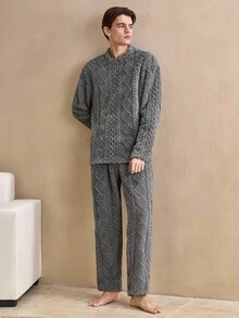 2Pcs Vintage British Style Comfortable Plush Textured Double-Sided Fleece Argyle Pattern Long Sleeve Top And Pants Men's Loungewear Set, Fall/Winter Clothes, Fluffy, Cozy - Dark Grey - View 3