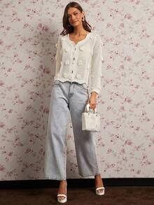 Enchnt Fall/Winter Romantic Women's White 3D Flowers Decor Hollow Out Knitted Cardigan,Sweet&Elegant&Fashionable For Vacation&Date&Holiday&Birthday&Party&Graduation&Wedding Guest&Office&Going Out,Back To School,Fall Sweaters For Women,Autumn Clothes - White - View 5