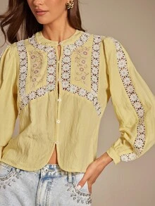 Enchnt Fall/Winter Romantic Women's Yellow Floral Lace Patchwork Round Neck Lantern Sleeve Single-Breasted Fashion Blouse, Casual & Comfortable For Birthday & Holiday Party & Sweet Date & Daily Commuting & Vacation,Fall Blouse For Women,Autumn Clothes