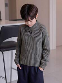 1pc Young Boys' Casual, Comfortable, Fashionable, Versatile, Soft, Thick, Jacquard Knit Gray Sweater, Suitable For Daily Wear, School, Outings, Sports, Autumn/Winter