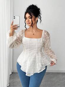 Elenzga Áo cánh tay dài thêu 3D thanh lịch cỡ lớn cho nữ - Màu be - Xem 4