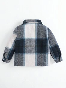 SHEIN Playful Pals 男婴休闲蓝白撞色格子口袋装饰长袖衬衫夹克，适合秋冬外出或日常居家穿着，可爱时尚的经典基本款夹克，配色和谐 - 藍色 - 查看 2