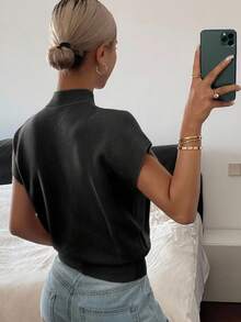 Livesso Women's Solid Color Minimalist Daily Wear Half-Turtleneck Short Sleeve Knit Top - Black - View 2