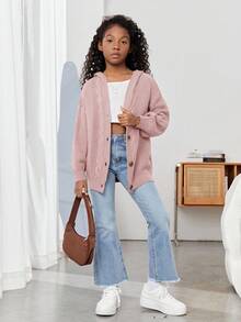 SHEIN Chaqueta de punto con capucha de manga larga y ajuste holgado informal para niñas preadolescentes