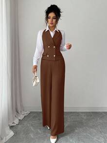 Selianne 2 件套女士办公室套装，珍珠纽扣无袖领上衣和高腰直筒双排扣裤，适合商务会议和日常办公室穿着，春秋季 - 棕色 - 查看 5
