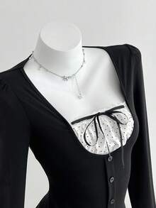 Elamini 1 Áo thun nữ cổ tròn tay bồng chấm bi màu đen, họa tiết nơ, thích hợp mặc khi đi làm, phù hợp cho mùa xuân, thu và đông - màu đen - Xem 3