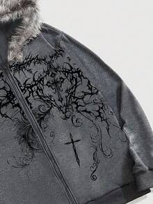 ROMWE MEN Goth 男士休闲十字印花拼接抓绒边拉链连帽卫衣，秋季款，长袖上衣 - 灰色 - 查看 4