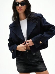 Aveloria Affinna Chaqueta corta de mujer de un solo botón de unicolor - Azul Marino - Ver 3