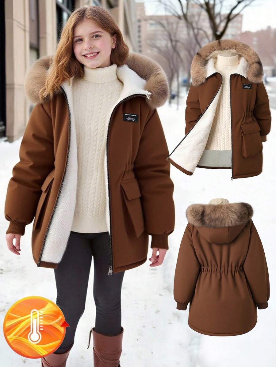 SHEIN 女童秋冬派克大衣，毛领，大口袋，连帽，收腰，简约时尚，中长款棉质外套 - 棕色 - 查看 1
