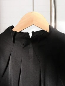 SHEIN 纯勃艮第色褶皱后结灯笼袖衬衫，长袖上衣，圣诞节红色衬衫，圣诞派对红色上衣 - 酒紅色 - 查看 6