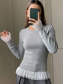 DAZY Femmes Pullover décontracté à col rond, manches longues, patchwork en dentelle, doublure thermique épaisse pour l'automne/l'hiver