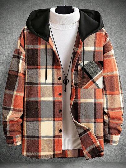 Manfinity Homme 男士宽松格纹抽绳连帽衬衫式外套（不含T恤）男士法兰绒衬衫式外套，男士复古夹克，男士复古服饰，男士衬衫式格纹外套，男士日常休闲、周末旅行、户外活动、探险旅行、轻松的工作环境或半正式场合，男友/丈夫礼物，周年纪念礼物，秋冬季