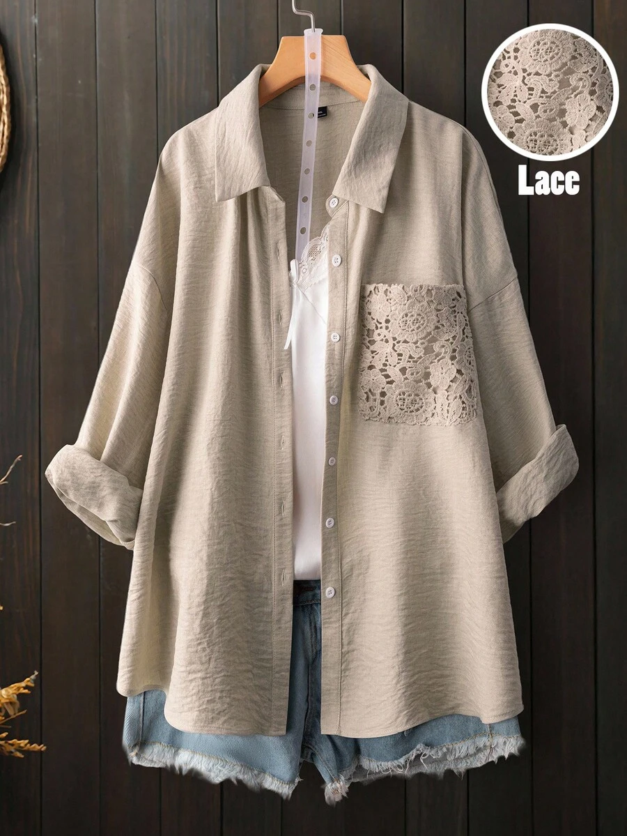 Linhara Large-Sized Woven Casual Vacation Autumn Shirt - Apricot - View 1