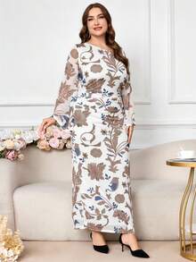 Modelyn 加大码花卉印花优雅弹力长袖连衣裙 - 白色 - 查看 7