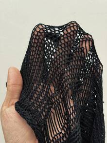 StreetHx Streetwear Women's Solid Black Hollow Out Crochet Sleeveless Knit Top - Black - View 7