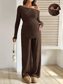 SHEIN 2pcs Maternity Casual Commuting Solid Color Asymmetrical Collar Fitted T-Shirt And Adjustable Waist Wide Leg Pants Set, Spring/Autumn - Coffee Brown - View 1