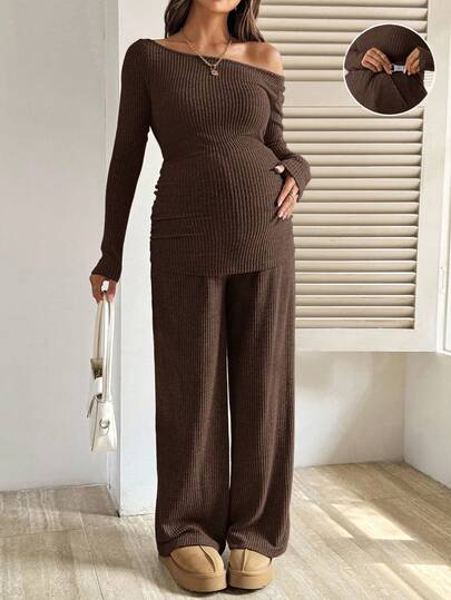 SHEIN 2pcs Maternity Casual Commuting Solid Color Asymmetrical Collar Fitted T-Shirt And Adjustable Waist Wide Leg Pants Set, Spring/Autumn