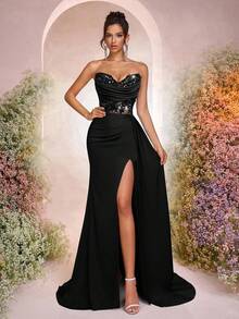 Glamrae Đầm dạ hội màu xanh lá cây sang trọng bằng satin, không dây vai, cổ khoét sâu, chất liệu lưới xuyên thấu, họa tiết xương cá, hoa 3D, kiểu đuôi cá, xẻ cao bên hông, xếp ly, dây buộc điều chỉnh được, thích hợp cho các buổi hẹn hò, kỳ nghỉ, sinh nhật, tiệc tùng, dạ hội, đám cưới, sự kiện trang trọng, Ngày Valentine. - màu đen - Xem 3