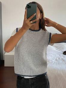 DAZY 女士休闲撞色针织背心，秋冬 - 灰色 - 查看 6