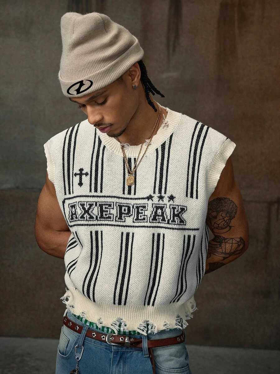 AXEPEAK 男士时尚做旧图案针织毛衣背心，适合秋冬 - 彩色 - 查看 1