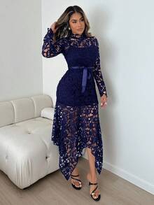 Lyxana Fashionable Sexy Casual Hollow Design Women Dress - Navy Blue - View 1