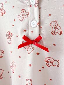 SHEIN 2 件套女童熊和星星图案长袖上衣和裤子休闲舒适睡衣套装 - 杏色 - 查看 8